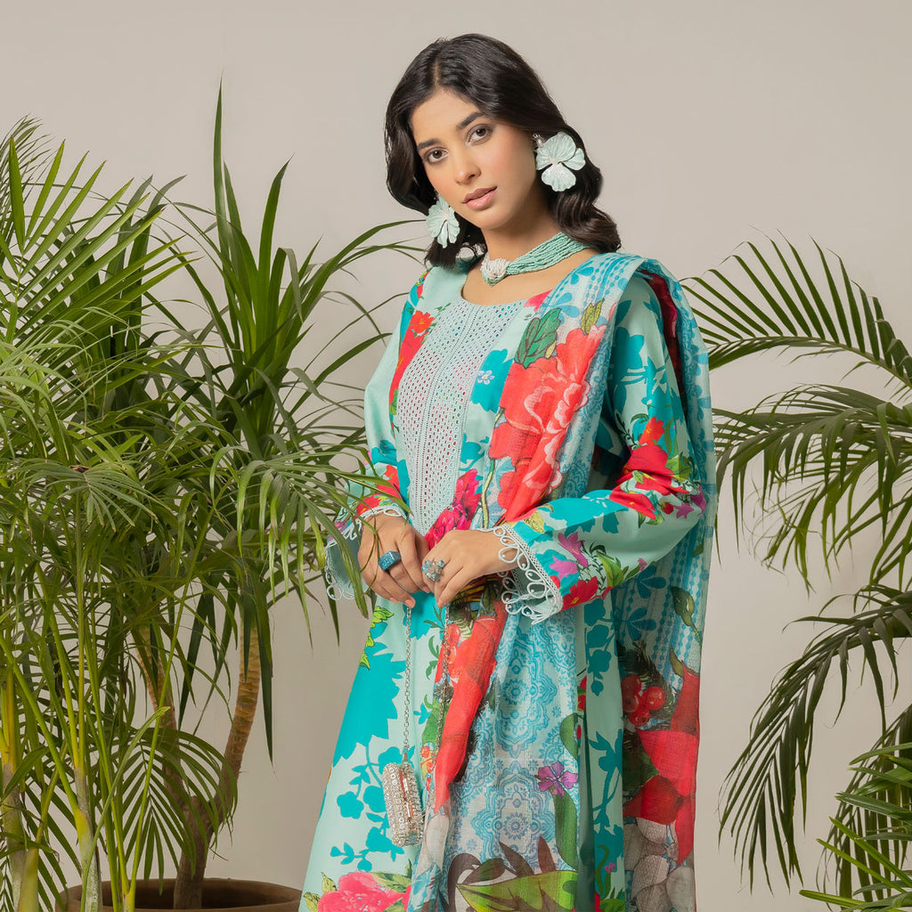Aqua Floral 3-Piece Lawn – AB0003