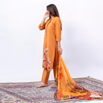 Mustard Floral Embroidered 3-Piece Suit