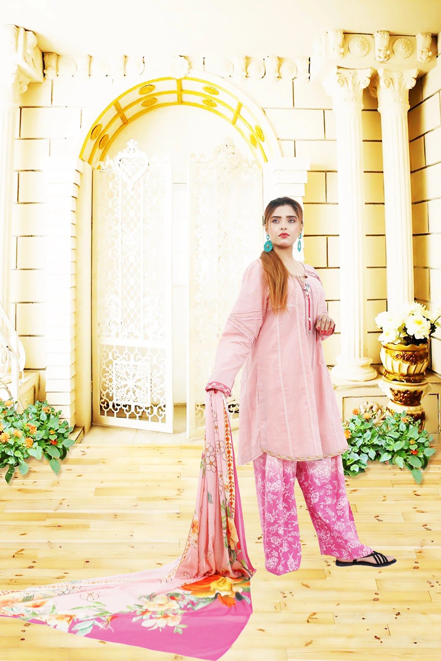 3PC Lawn Suit  Shirt With diffrent Lacis & Tasals  Plazo Trouser Double Tone  Printed Chiffon Dupata