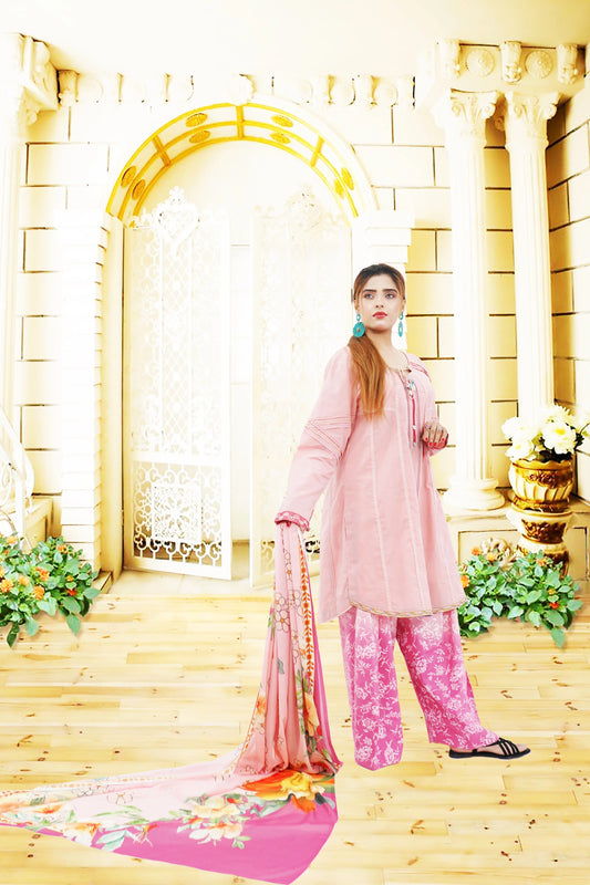 3PC Lawn Suit  Shirt With diffrent Lacis & Tasals  Plazo Trouser Double Tone  Printed Chiffon Dupata
