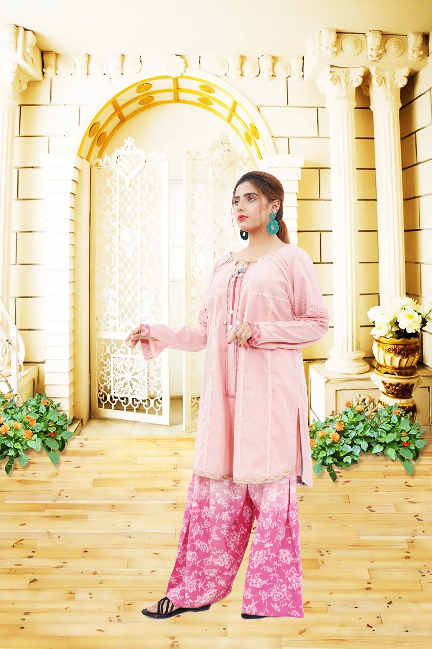 3PC Lawn Suit  Shirt With diffrent Lacis & Tasals  Plazo Trouser Double Tone  Printed Chiffon Dupata