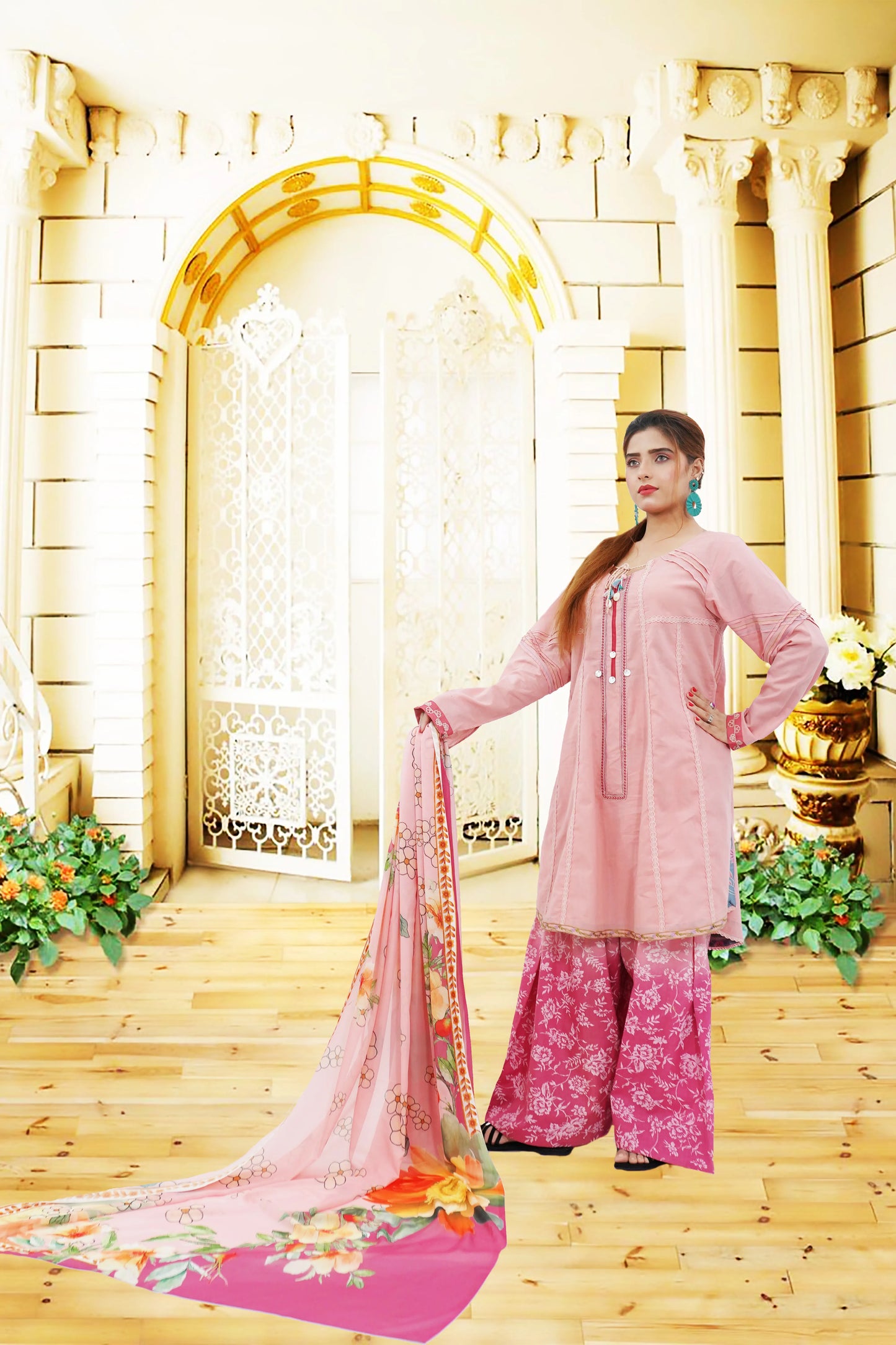 3PC Lawn Suit  Shirt With diffrent Lacis & Tasals  Plazo Trouser Double Tone  Printed Chiffon Dupata