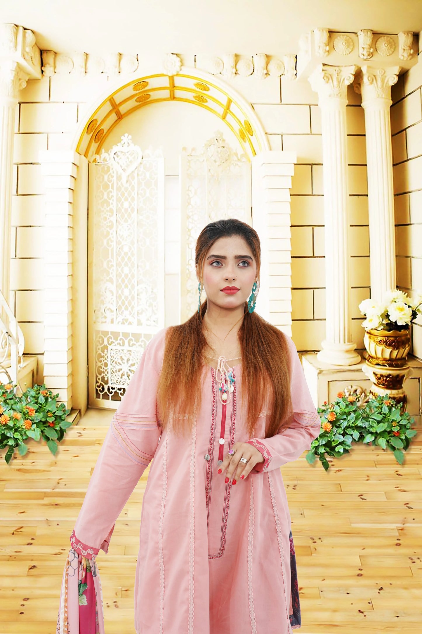 3PC Lawn Suit  Shirt With diffrent Lacis & Tasals  Plazo Trouser Double Tone  Printed Chiffon Dupata