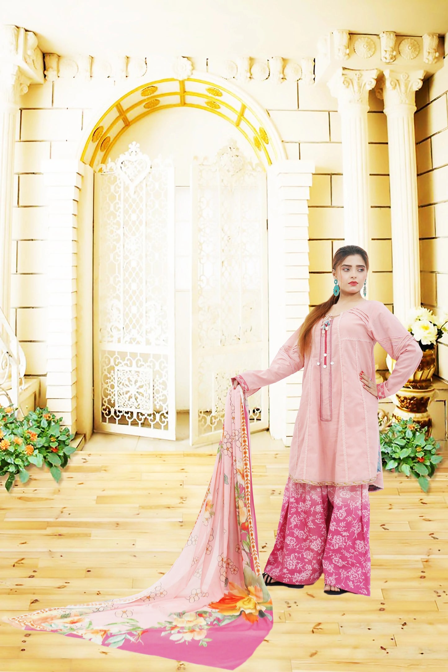 3PC Lawn Suit  Shirt With diffrent Lacis & Tasals  Plazo Trouser Double Tone  Printed Chiffon Dupata