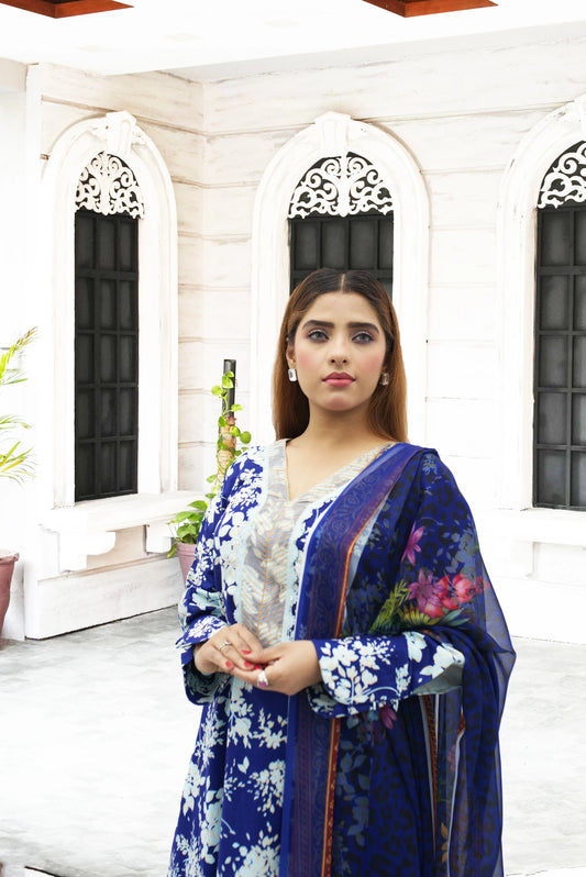 3PC Lawn suit  printed shirt with Nick (gala Patchel)  Printed Trouser  Printed chiffon dupata