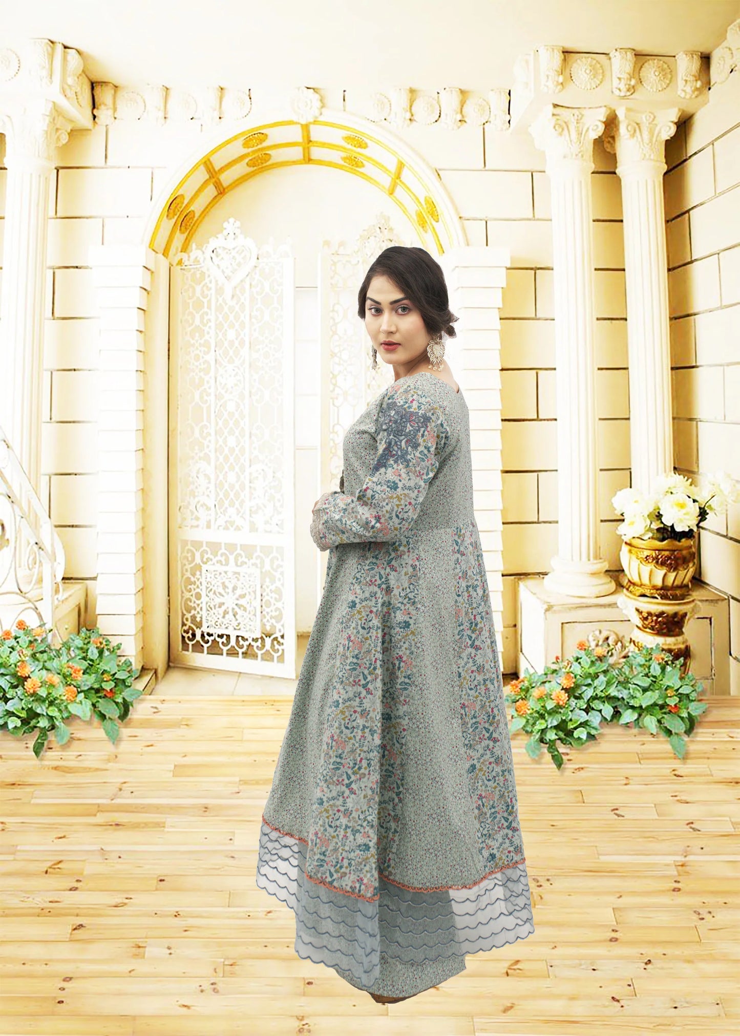 3 PC Printed Lawn Suit  printed shirt with Embroidery Work and orginza/work  Printed plazo Trouser  printed Chiffon Dupata