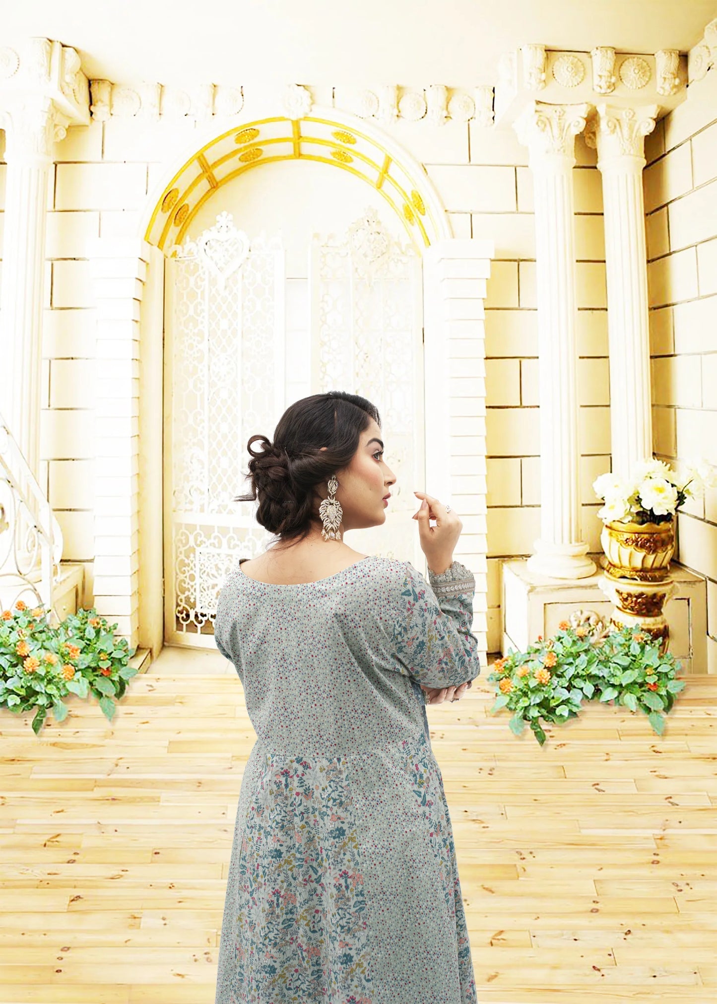 3 PC Printed Lawn Suit  printed shirt with Embroidery Work and orginza/work  Printed plazo Trouser  printed Chiffon Dupata