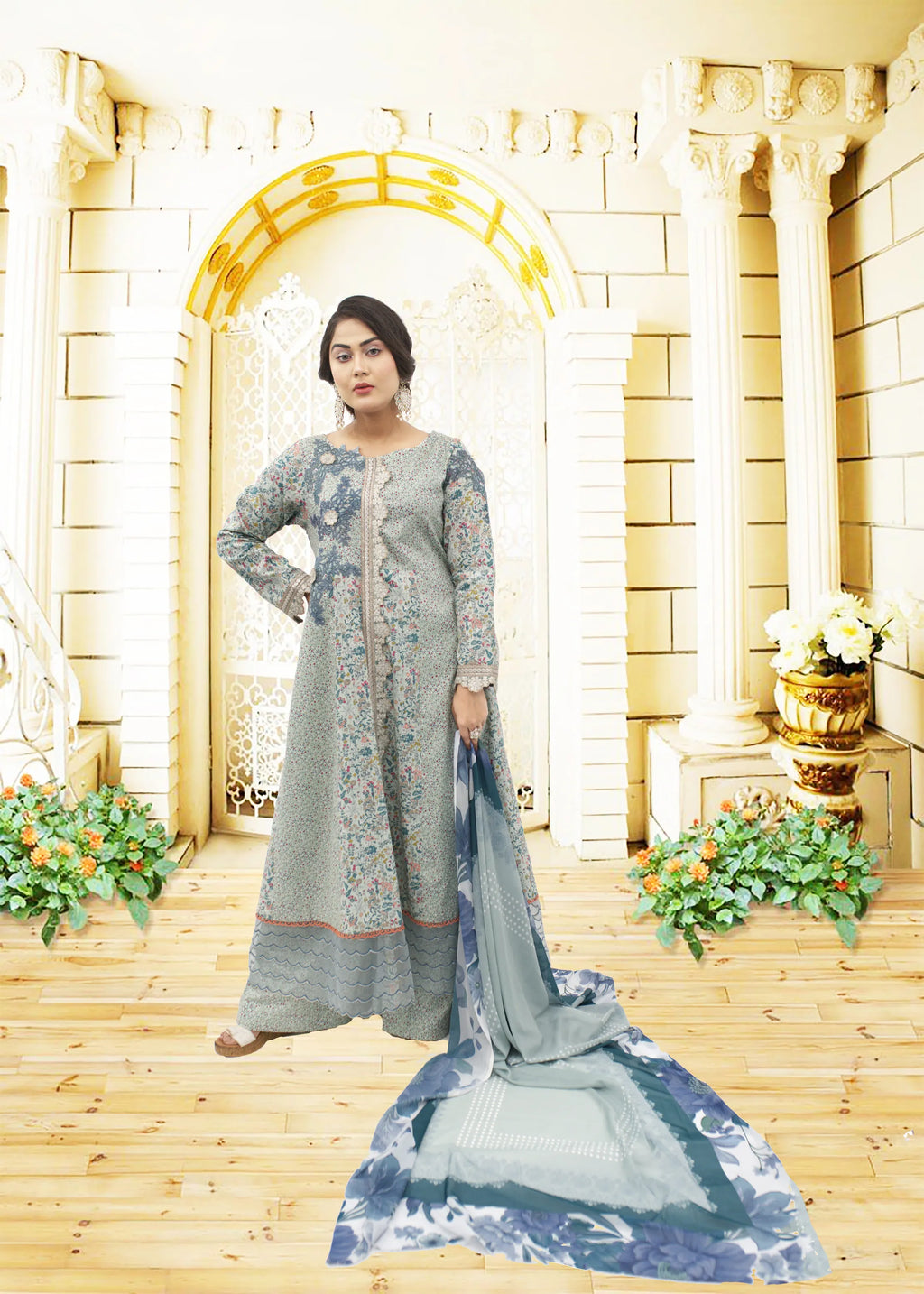 3 PC Printed Lawn Suit  printed shirt with Embroidery Work and orginza/work  Printed plazo Trouser  printed Chiffon Dupata