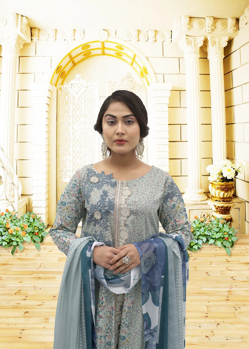 3 PC Printed Lawn Suit  printed shirt with Embroidery Work and orginza/work  Printed plazo Trouser  printed Chiffon Dupata