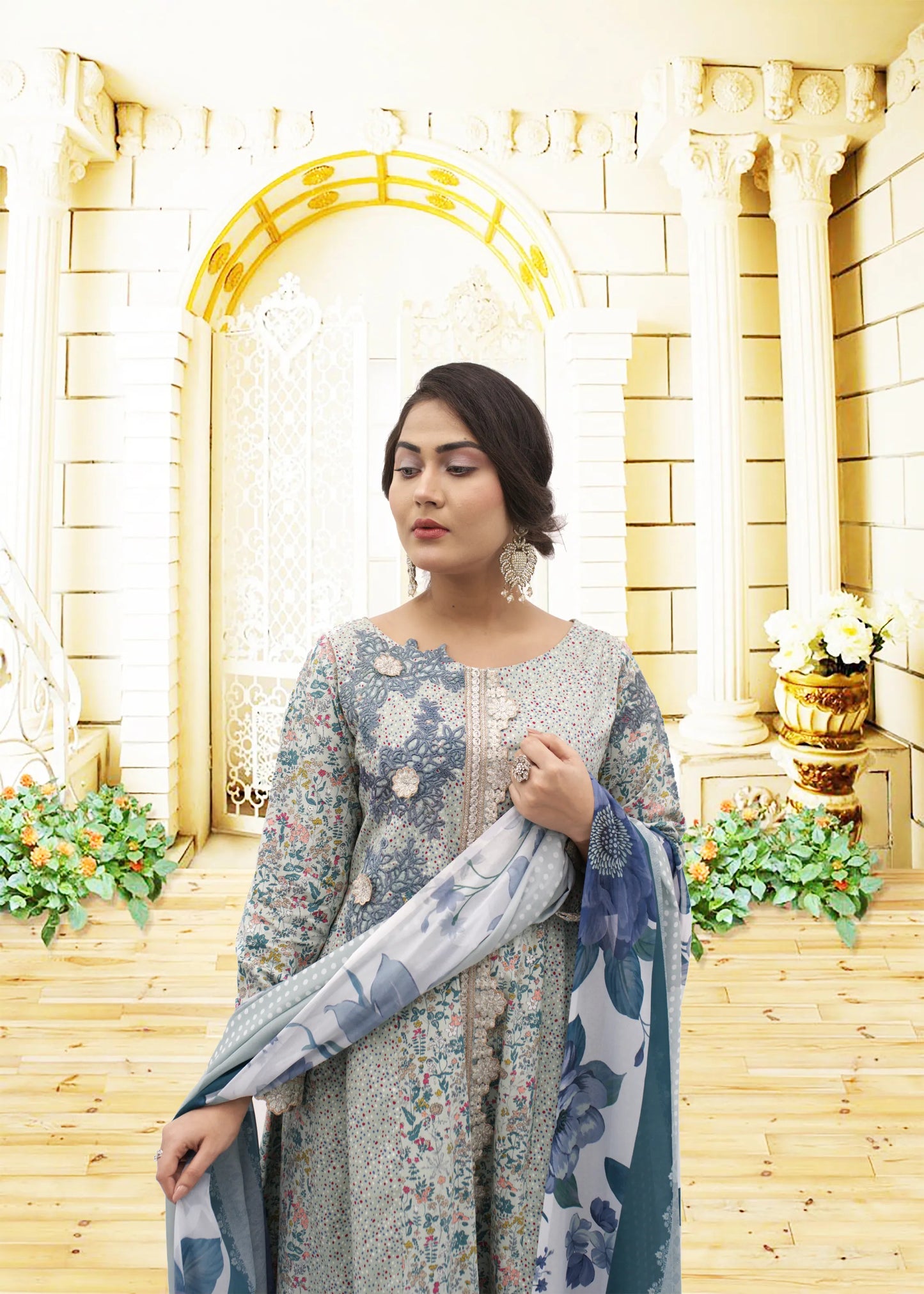 3 PC Printed Lawn Suit  printed shirt with Embroidery Work and orginza/work  Printed plazo Trouser  printed Chiffon Dupata