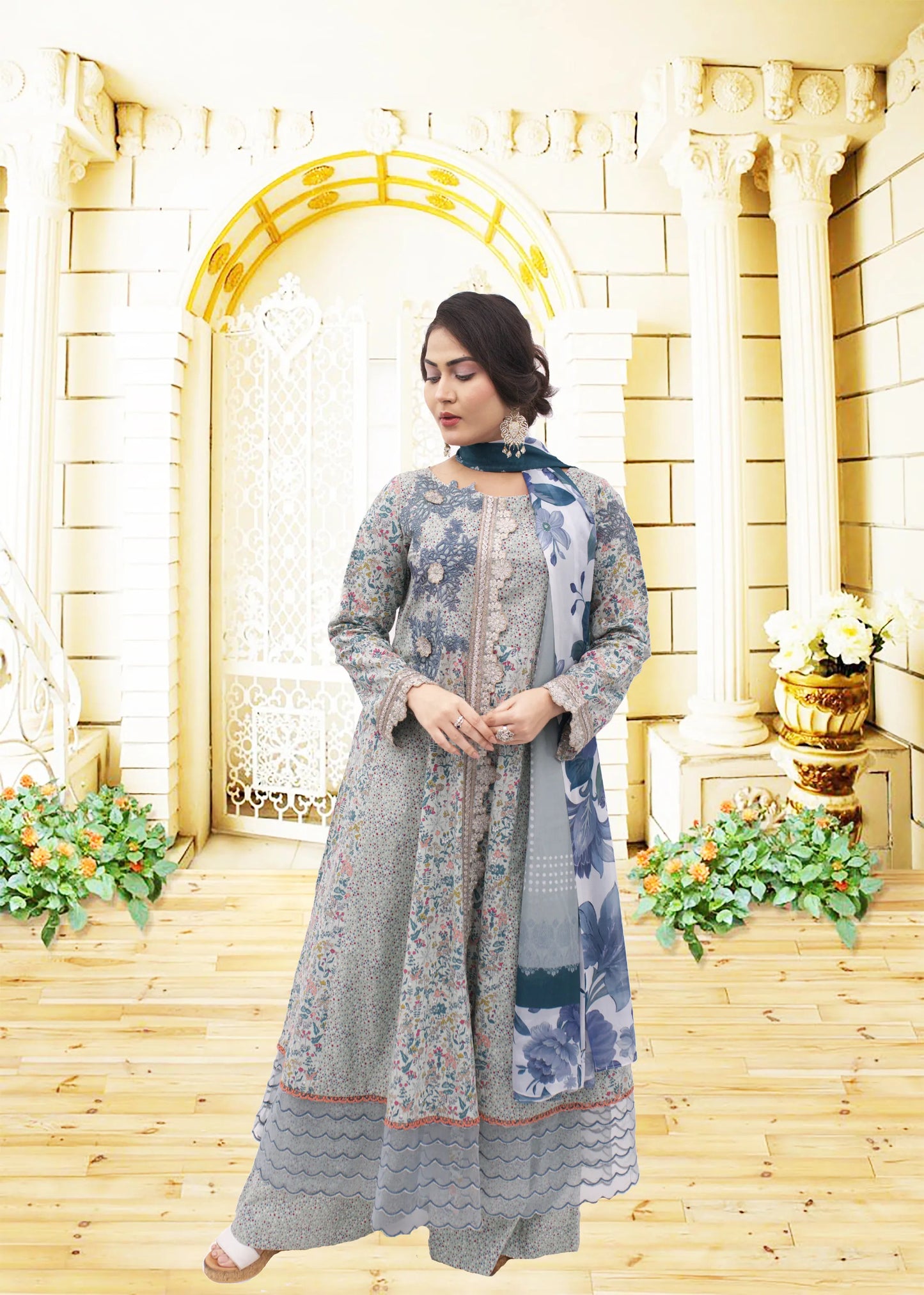 3 PC Printed Lawn Suit  printed shirt with Embroidery Work and orginza/work  Printed plazo Trouser  printed Chiffon Dupata