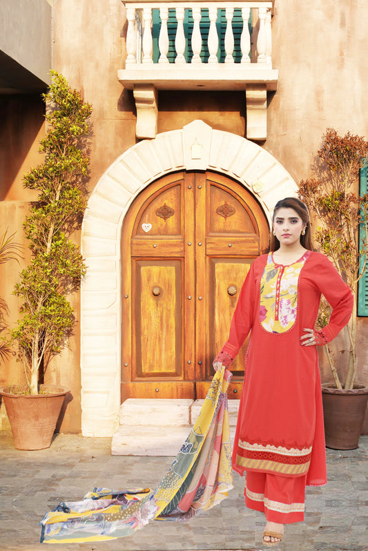 3 PE Lawn suit&nbsp;  Shirt Nick unique motive with diffrent patches&nbsp; Plazo Trouser with Patches printed chiffon dupatany