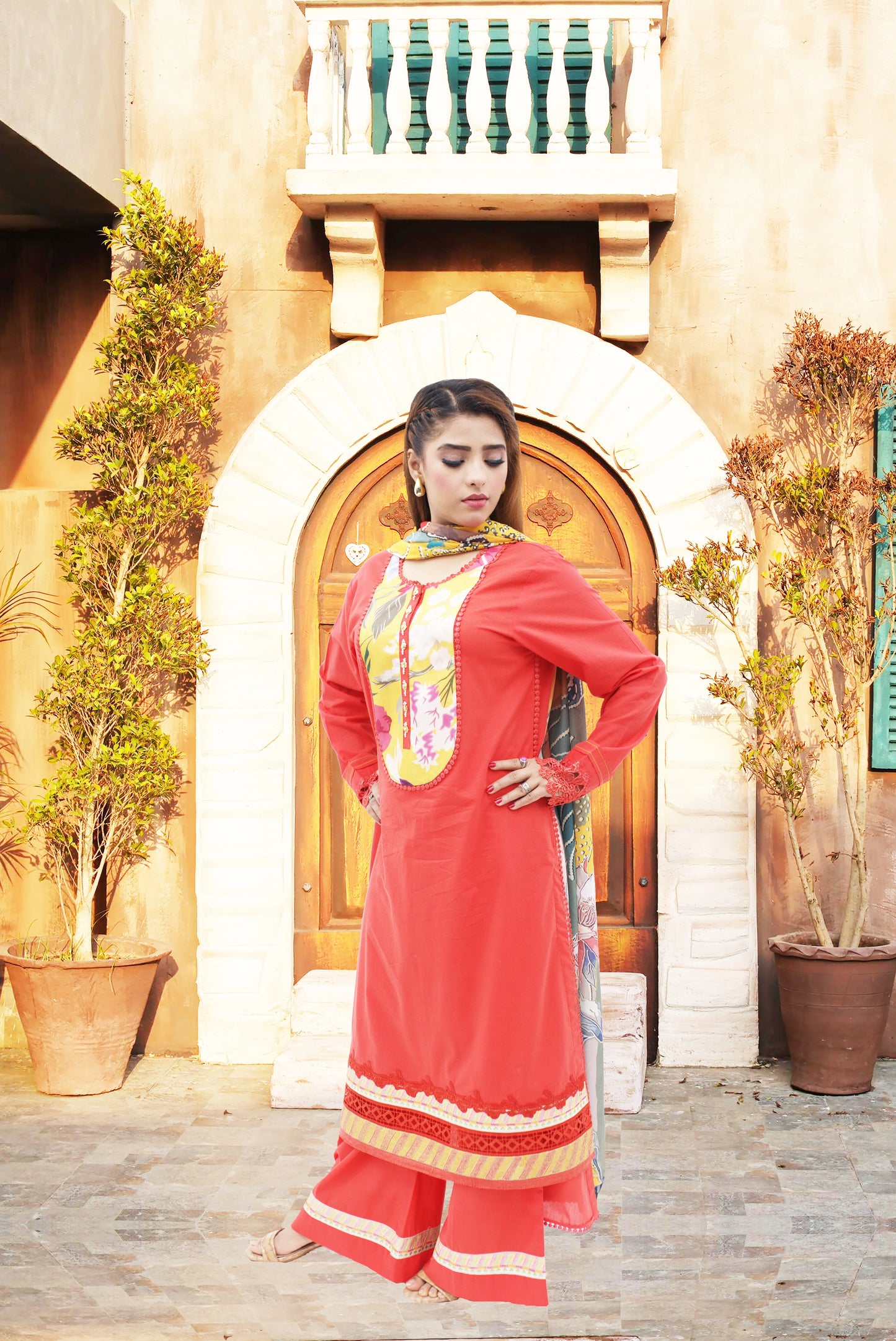 3 PE Lawn suit&nbsp;  Shirt Nick unique motive with diffrent patches&nbsp; Plazo Trouser with Patches printed chiffon dupatany