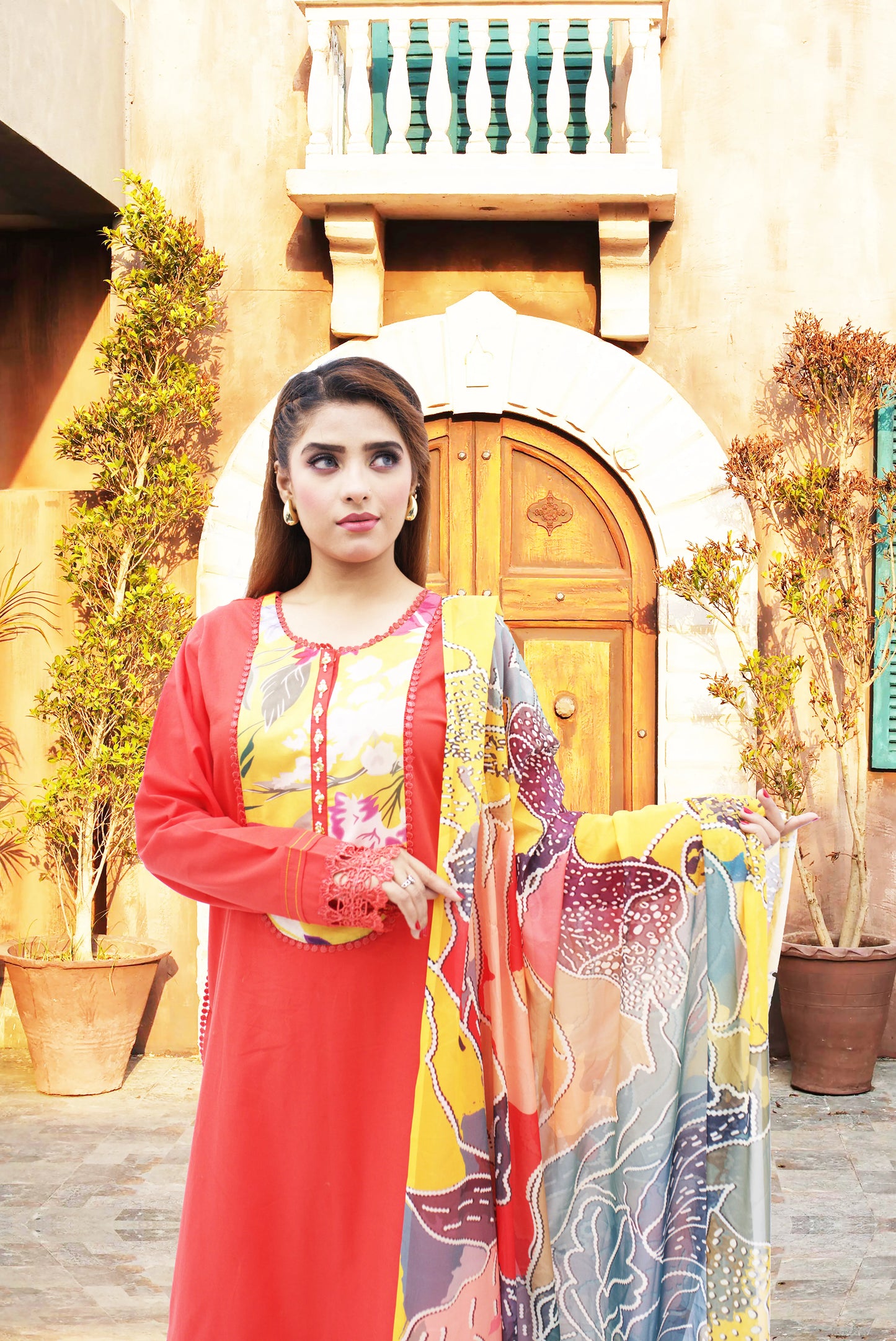 3 PE Lawn suit&nbsp;  Shirt Nick unique motive with diffrent patches&nbsp; Plazo Trouser with Patches printed chiffon dupatany