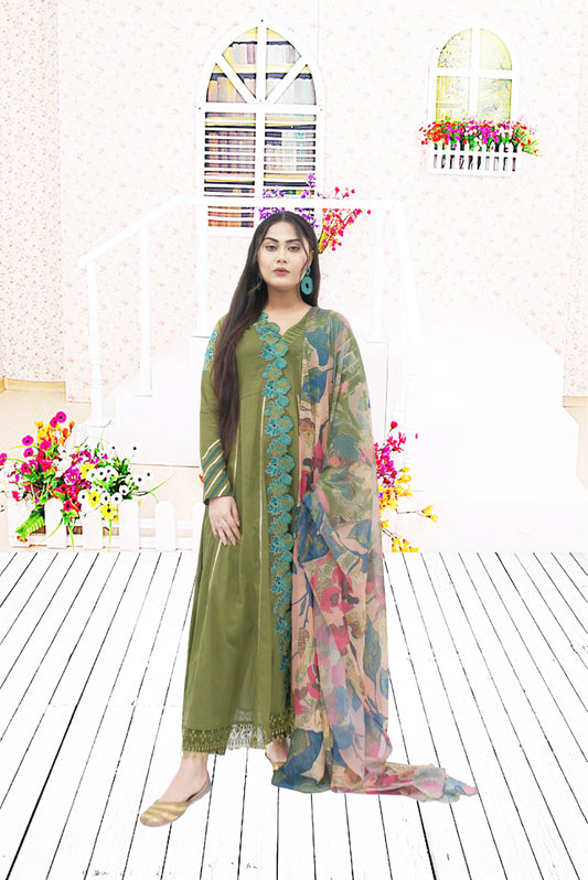 3 PC  Lawn suit  Shirt with Embroidery Patches  sleve hand work  Same Trouser  chifon printed dupata