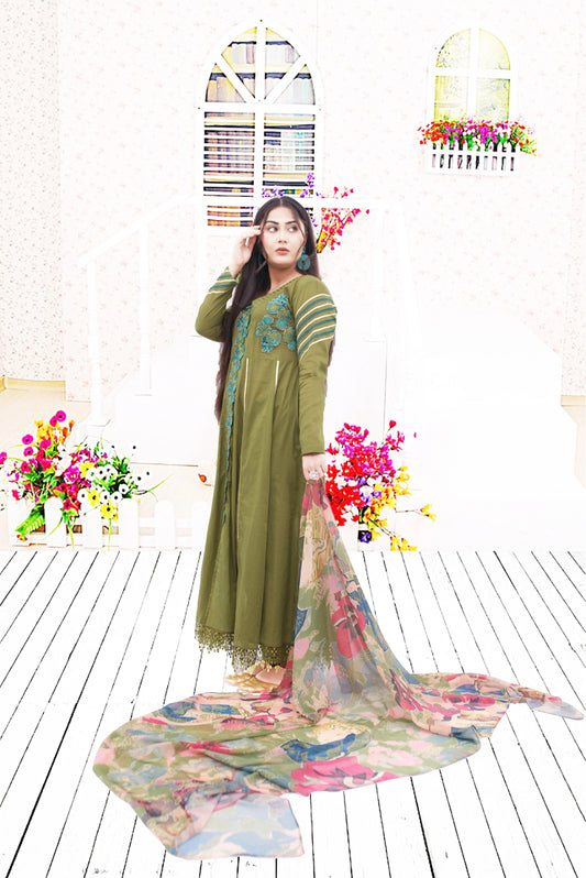 3 PC  Lawn suit  Shirt with Embroidery Patches  sleve hand work  Same Trouser  chifon printed dupata