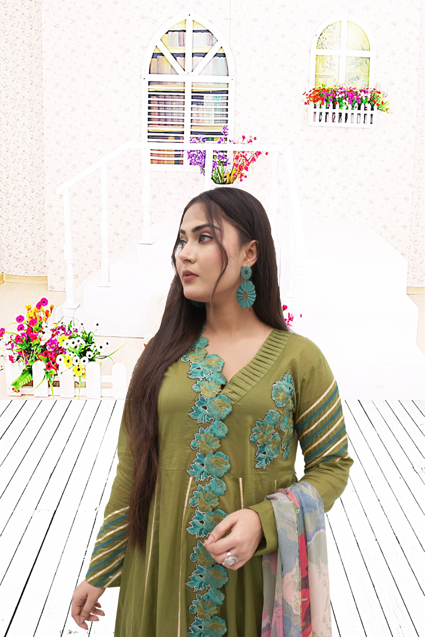 3 PC  Lawn suit  Shirt with Embroidery Patches  sleve hand work  Same Trouser  chifon printed dupata