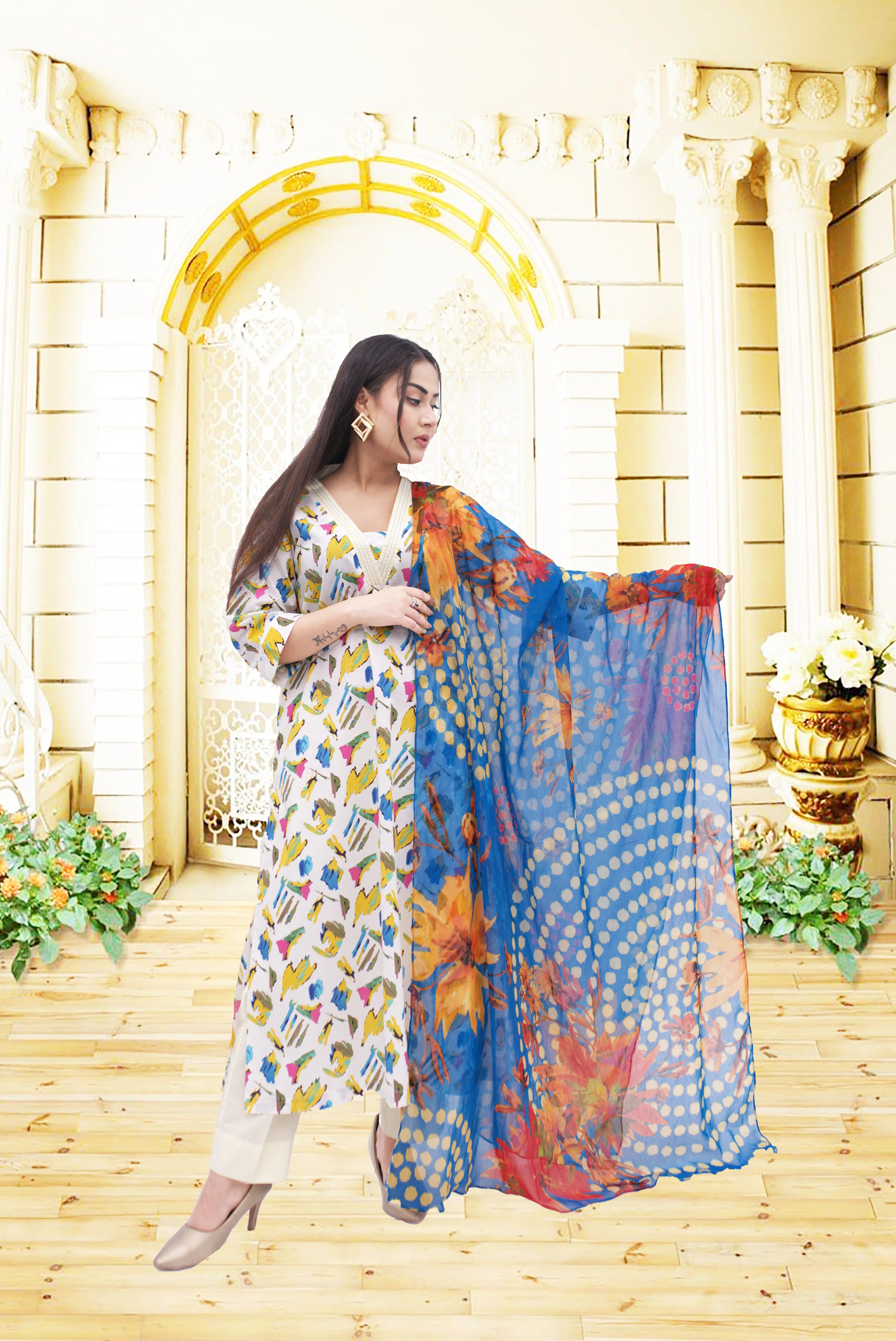 3PC Lawn suit  Printed shirt with unighte desy  Printed Trouser  Chifon printed dupata