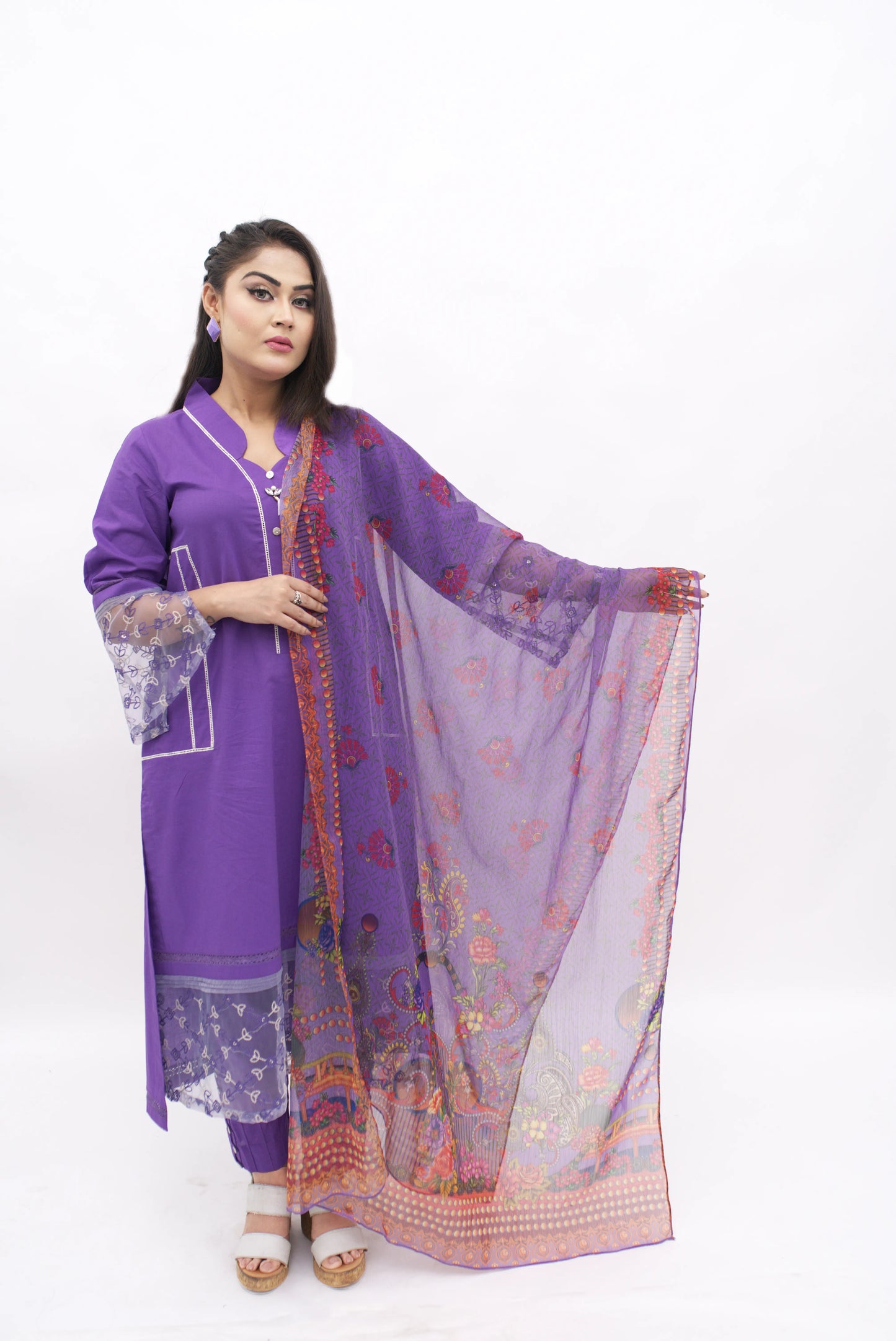 3 Pc Lawn ARB-016  Shirt with orginza work poxet  Trouser Button  shifo.chitton printed dupata