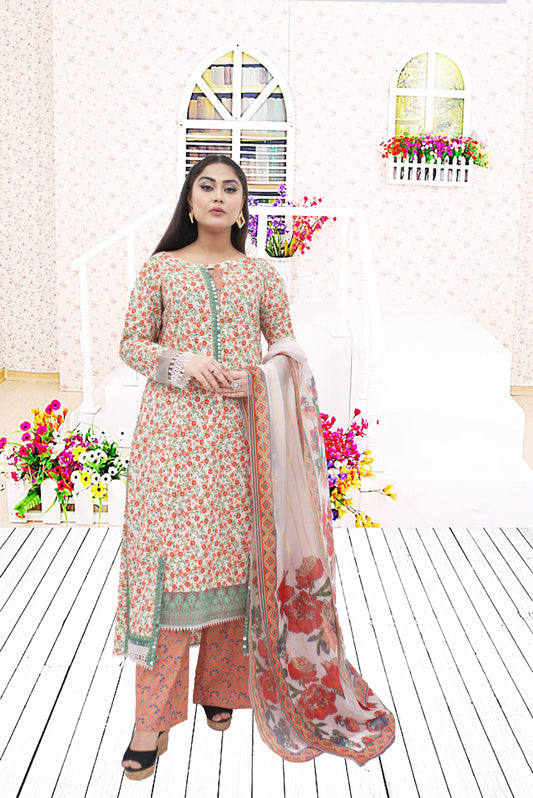 3 PC printed Lawn Suit  Printed shirt with orginza  Embroided Patchs  printed plazo Trouser  Printed munar Dupata