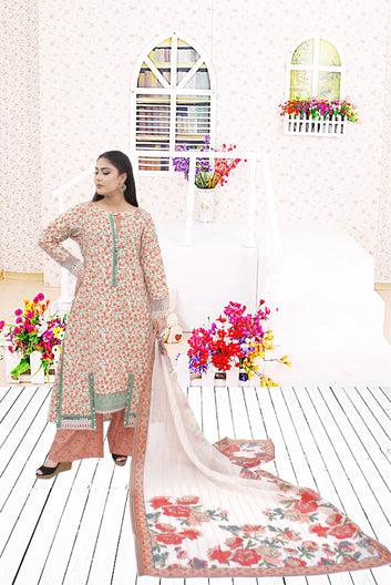 3 PC printed Lawn Suit  Printed shirt with orginza  Embroided Patchs  printed plazo Trouser  Printed munar Dupata