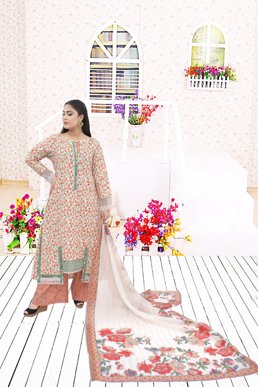 3 PC printed Lawn Suit  Printed shirt with orginza  Embroided Patchs  printed plazo Trouser  Printed munar Dupata