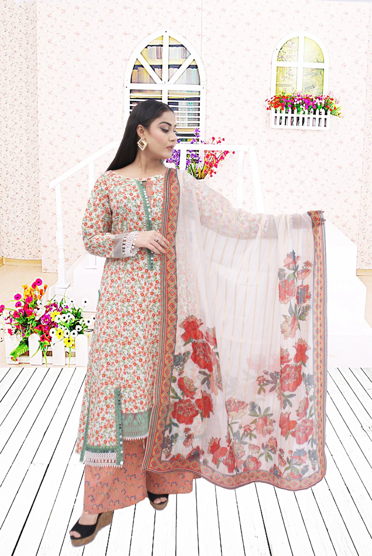 3 PC printed Lawn Suit  Printed shirt with orginza  Embroided Patchs  printed plazo Trouser  Printed munar Dupata