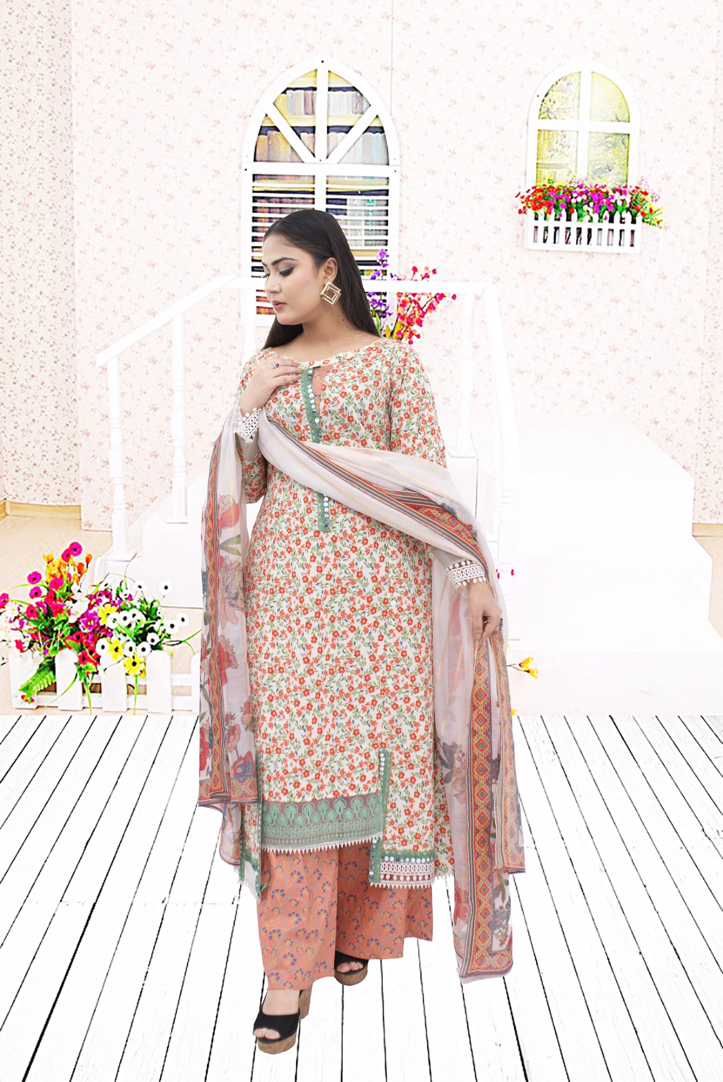 3 PC printed Lawn Suit  Printed shirt with orginza  Embroided Patchs  printed plazo Trouser  Printed munar Dupata