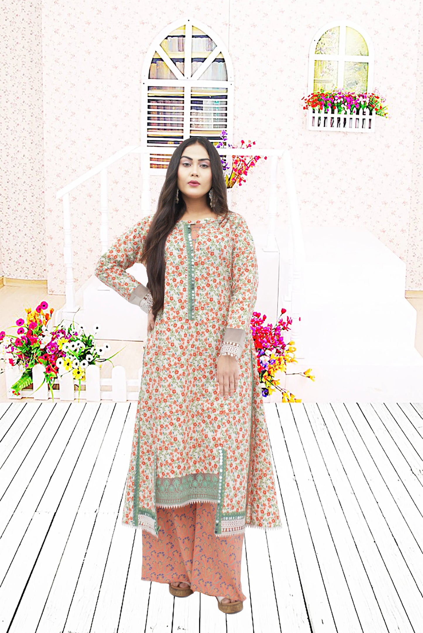 3 PC printed Lawn Suit  Printed shirt with orginza  Embroided Patchs  printed plazo Trouser  Printed munar Dupata