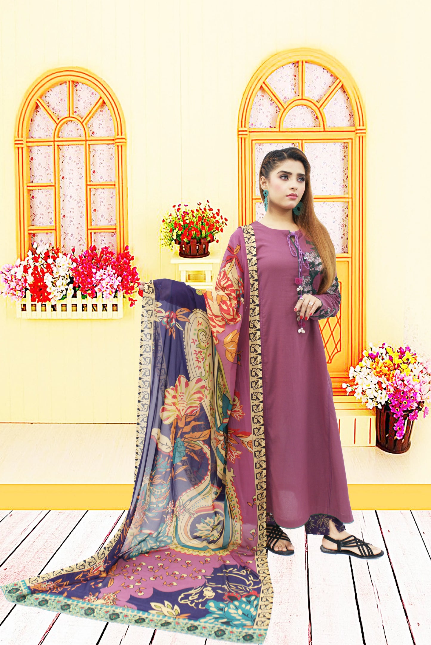 3 Pe Lawn Suitryn  wol1   Shirt Embroidey paches  Shirt Back Side printed  Printed Trouser  printed chiffon dupata