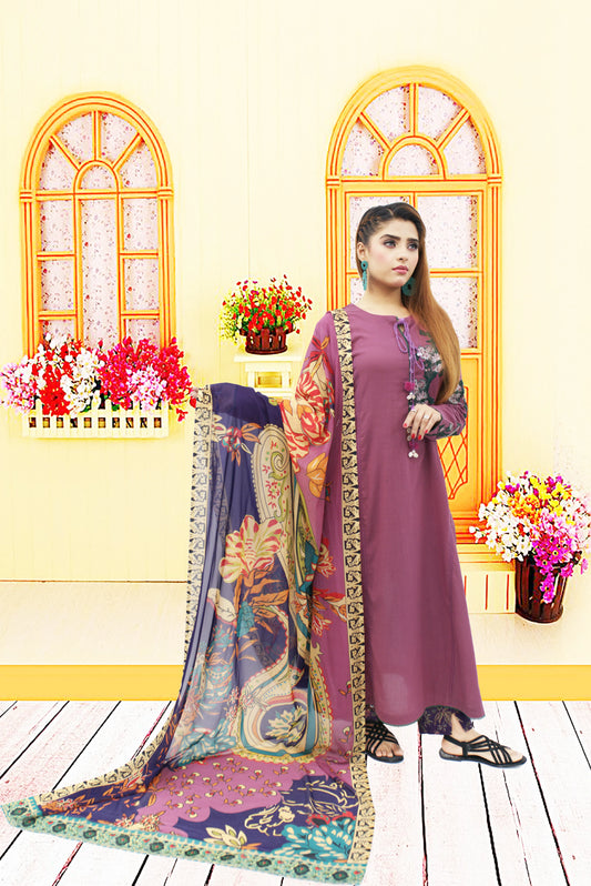 3 Pe Lawn Suitryn  wol1   Shirt Embroidey paches  Shirt Back Side printed  Printed Trouser  printed chiffon dupata