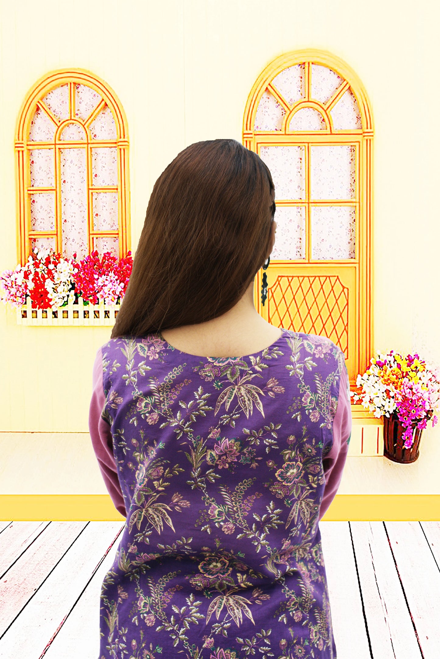 3 Pe Lawn Suitryn  wol1   Shirt Embroidey paches  Shirt Back Side printed  Printed Trouser  printed chiffon dupata